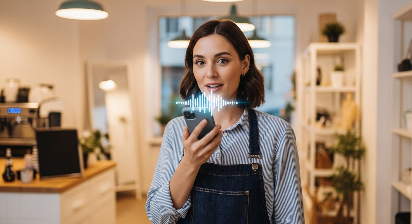 Small business owner speaking to voice assistant on smartphone